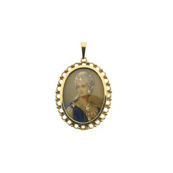 Antiek gouden hanger met emaille portret en diamanten; 0,..., Ophalen of Verzenden, Gebruikt, Goud, Overige merken