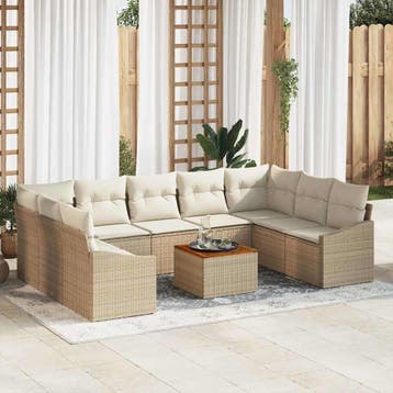 vidaXL Tuinbankenset 10 st Beige en Crème poly rattan, Verzenden, Nieuw, Rotan, Meer dan 8 zitplaatsen