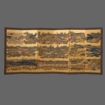 Byôbu  (vouwscherm) - Bladgoud, gelakt hout, zijde - Japan