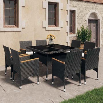 vidaXL 9-delige Tuinset poly rattan en acaciahout zwart, Verzenden, Nieuw, 8 zitplaatsen, Tuinset