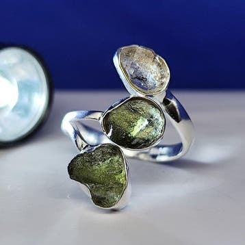 Moldaviet / Herkimer zilveren ring -meteorietinslag-