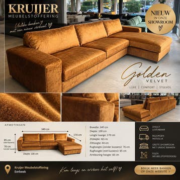 Luxe loungebank – Golden velvet – 340 cm – direct leverbaar, Huis en Inrichting, Verzenden, Zo goed als nieuw