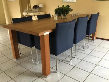 Set van 6 leren kuipstoelen met wieltjes - blauw leer, Huis en Inrichting, Stoelen, Ophalen of Verzenden, Nieuw, Leer
