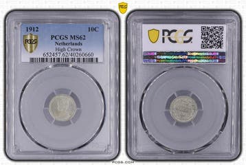 Koningin Wilhelmina 10 cent 1912 hoge kroon PCGS MS62, Verzenden, Zilver, 10 cent, Koningin Wilhelmina