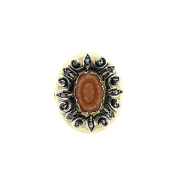 Goud met zilveren ring met bloedkoraal, parelmoer en diam..., 18 tot 19, Gebruikt, Ophalen of Verzenden, Met edelsteen