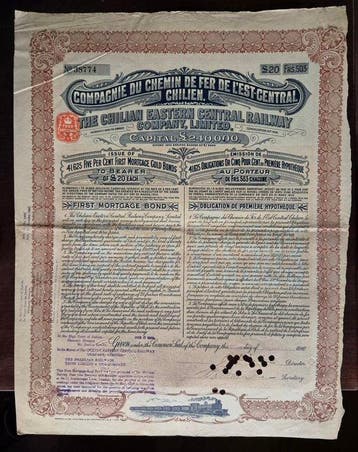 Chili. 20 Pounds - 1910 - The Chilian Eastern Central Rayway