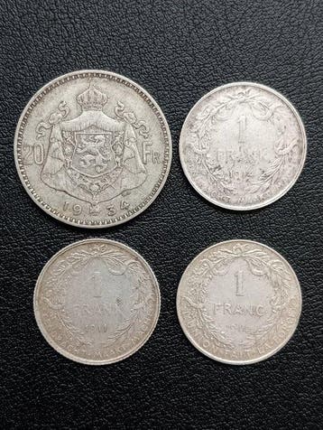 België. Albert I. 1, 20 Francs 1911 /1934, Lot van 4 stuks, Postzegels en Munten, Munten | Nederland