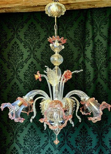 Kroonluchter - Transparant/roze glas met 24-karaats goud -, Antiek en Kunst