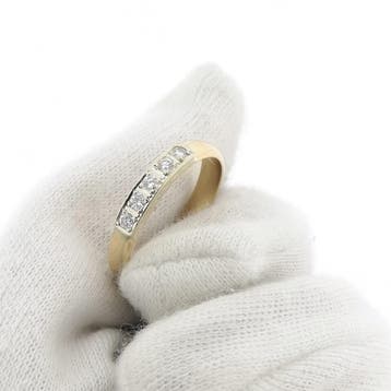 Tricolor gouden rijring met diamanten; 0,20 ct., Gebruikt, 20 of groter, Ophalen of Verzenden, Met edelsteen