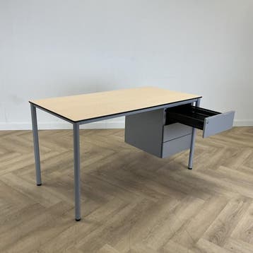bureau met vast ladeblok 140x70 cm,   ahorn - grijs, Ophalen of Verzenden, Gebruikt