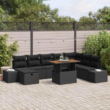 vidaXL Tuin Sofa Set 9 st Zwart Poly riet, Verzenden, Nieuw, Rotan, Meer dan 8 zitplaatsen