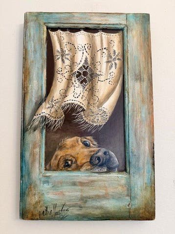 Wanddecoratie - trompe-lœil - Griekenland - Oud houten luik, Antiek en Kunst