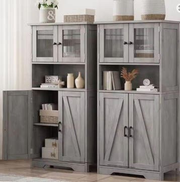 Vrijstaande Opbergkast 128cm – Glazen Deuren & Planken, Huis en Inrichting, Keuken | Keukenelementen, Verzenden, Nieuw