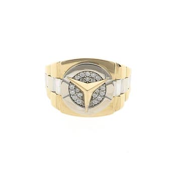 Bicolor gouden Mercedes Benz herenring met zirconia, Gebruikt, Overige kleuren, 19 tot 20, Heer