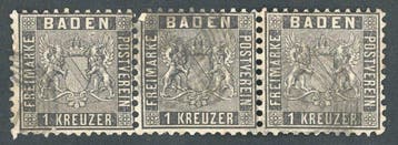 Baden 1862 - gestempelde drie-strook 1 Kr. zwart gegitterde, Postzegels en Munten, Gestempeld