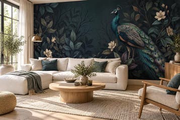 Pauw behang woonkamer – donker bloemen fotobehang, Verzenden, Fotobehang