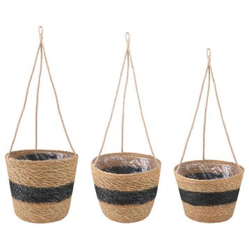 vidaXL Zeegras Plantenmanden 3 pcs Naturel en Zwart Ø26 x 19, Verzenden, Nieuw, Minder dan 30 cm
