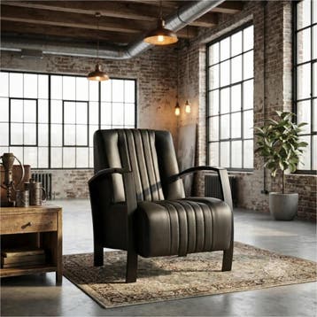 Leren fauteuil Glamour - Rancho Nero (zwart), Nieuw, Ophalen of Verzenden, 50 tot 75 cm, Industrieel, Modern, Retro