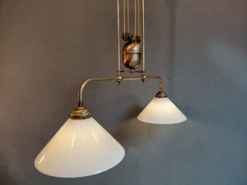 Plafondlamp - Bibliotheeklamp - Katrollamp - Opaline glas -, Antiek en Kunst