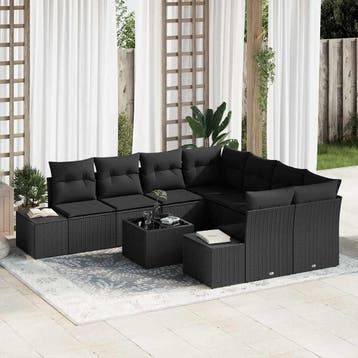 vidaXL Tuin Sofa Set met kussen 9 pcs Zwart poly rattan, Verzenden, Nieuw, Rotan, Meer dan 8 zitplaatsen