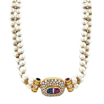 Vintage parel collier met gouden sluiting met saffier en, Ophalen of Verzenden, Nieuw