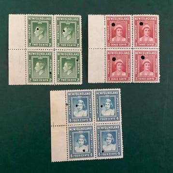 Newfoundland 1938 - Proeven ; 3 blokken van vier Plate, Postzegels en Munten, Gestempeld
