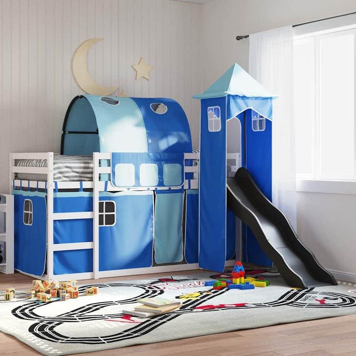 vidaXL Stapelbed met glijbaan en gordijnen blauw 90x200 cm, Huis en Inrichting, Slaapkamer | Bedden, 90 cm, 200 cm, Blauw, Eenpersoons
