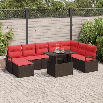 vidaXL Tuin Sofa Set 9 st Bruin Poly riet, Verzenden, Nieuw, Rotan, Meer dan 8 zitplaatsen
