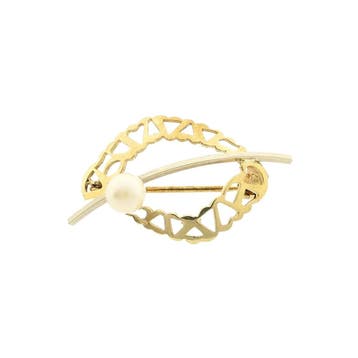 Vintage bicolor gouden broche met parel, Sieraden, Tassen en Uiterlijk, Broches, Gebruikt, Ophalen of Verzenden, Met edelsteen