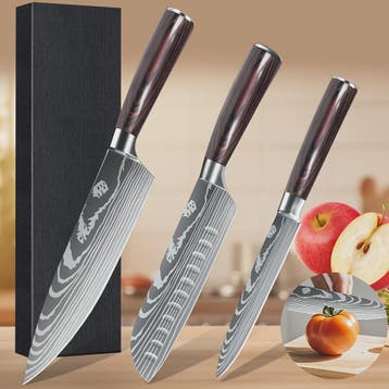 3-delige Keukenmes Set - Damascus Patroon - Hoog Koolstof RV, Verzenden, Nieuw