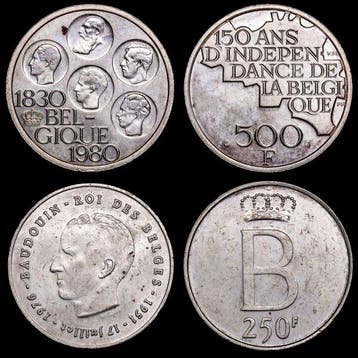 België. 500 Francs 1976 - 1980 / 2 Monedas (Zonder