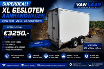 NIEUW XL Gesloten opbouw B-Rijbewijs 300cm x 150cm x 180cm, Auto diversen, Aanhangers en Bagagewagens, Ophalen of Verzenden, Nieuw