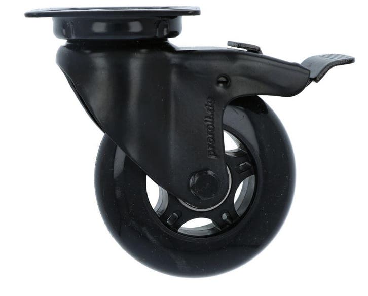 Zwenk Skatewiel Met Rem zwart met bevestigingsplaat 75 mm, Doe-het-zelf en Verbouw, Zwenkwielen, Verzenden