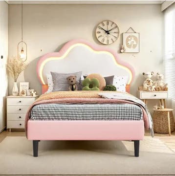 Gestoffeerd kinderbed 90x200 cm met LED kroonhoofdbord, Kinderen en Baby's, Kinderkamer | Bedden, Verzenden, Nieuw