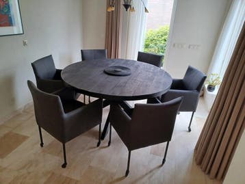 Set van 6 leren kuip eetkamerstoelen - met wieltjes - bruin, Huis en Inrichting, Ophalen of Verzenden, Nieuw, Leer