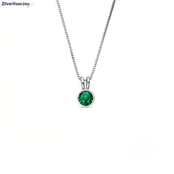 925 zilveren collier met ronde groene kristal hanger gerhodi, Verzenden, Nieuw, Zilver