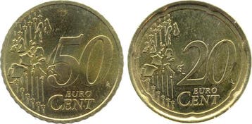 Duitsland Fehlpraegung 2 x Wertseite 50 Cent en 20 Cent m..., Verzenden