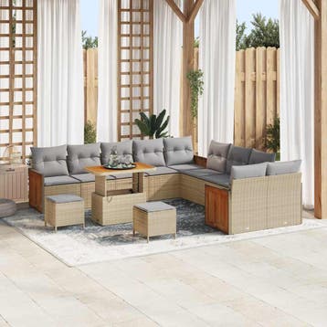 vidaXL Tuinbankenset 17 pcs Beige en Licht Grijs poly rattan, Verzenden, Nieuw, Rotan, 7 zitplaatsen