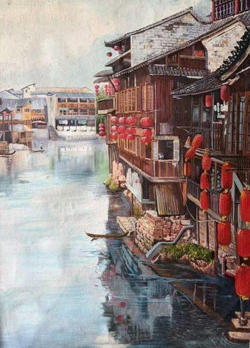 Oil painting on canvas  Jiangnan Water Town  -