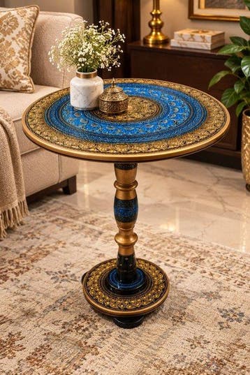 Handcrafted Pakistani Rosewood Naksheen Accent Table – Blue