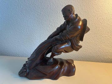 sculptuur, Visser met net - 21 cm - Hout