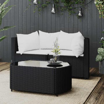 vidaXL 3-delige Loungeset met kussens poly rattan zwart, Verzenden, Nieuw, Loungeset
