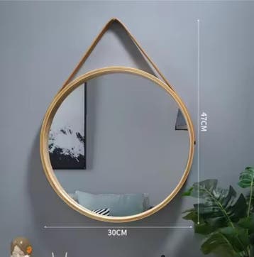 Ronde Wandspiegel met Houten Rand en Leren Ophanglus, Verzenden, Nieuw