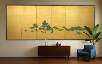 Byôbu  (vouwscherm) - Papier, Gouden zijde, gelakt hout,
