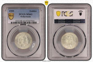 Koningin Juliana zilveren 1 gulden 1955 MS63 PCGS, 1 gulden, Koningin Juliana, Verzenden, Zilver