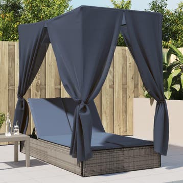 vidaXL Ligbed tweepersoons met dak en gordijn poly rattan, Tuin en Terras, Verzenden, Nieuw