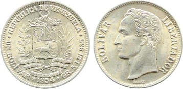 1 Bolivar 5 Lei Venezuela 1954 stempelglanz zilver zilver, Verzenden