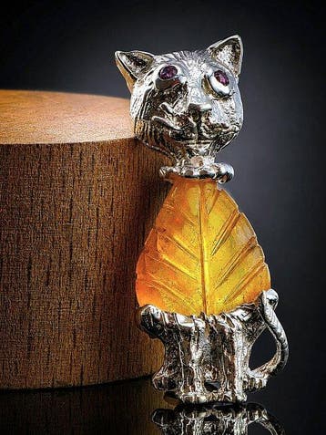 Gele saffier kattenbroche - 925 sterlingzilver -