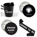 Groom to Be sjerp, dasstrik en buttons wit/blauw 14-delig, Verzenden, Nieuw, Feestartikel, Geboorte of Huwelijk