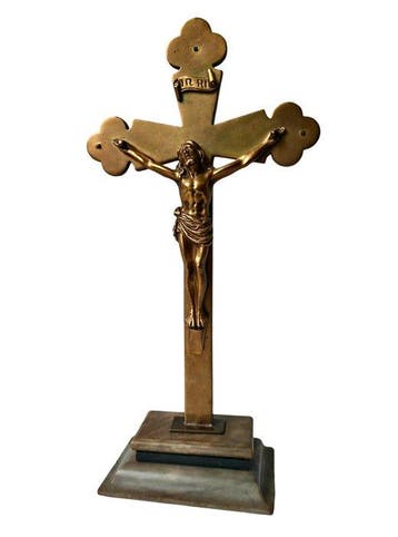 Groot Antiek Altaarkruis – Massief Messing Corpus Christi -